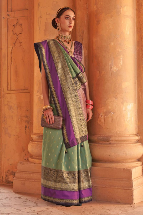 Green And Lavender Elegant Kanjivaram Look Saree Set with Patola Blouse
