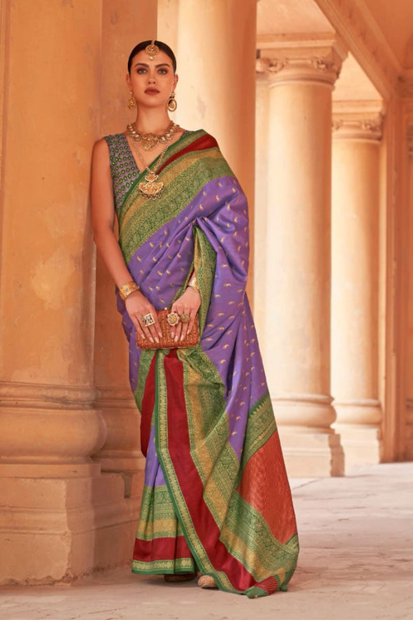 Lavender And Green Elegant Kanjivaram Look Saree Set with Patola Blouse