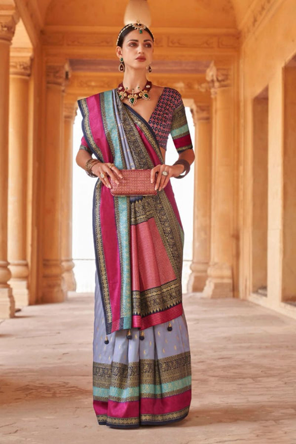 Taupe Gray and Pink Elegant Kanjivaram Look Saree Set with Patola Blouse