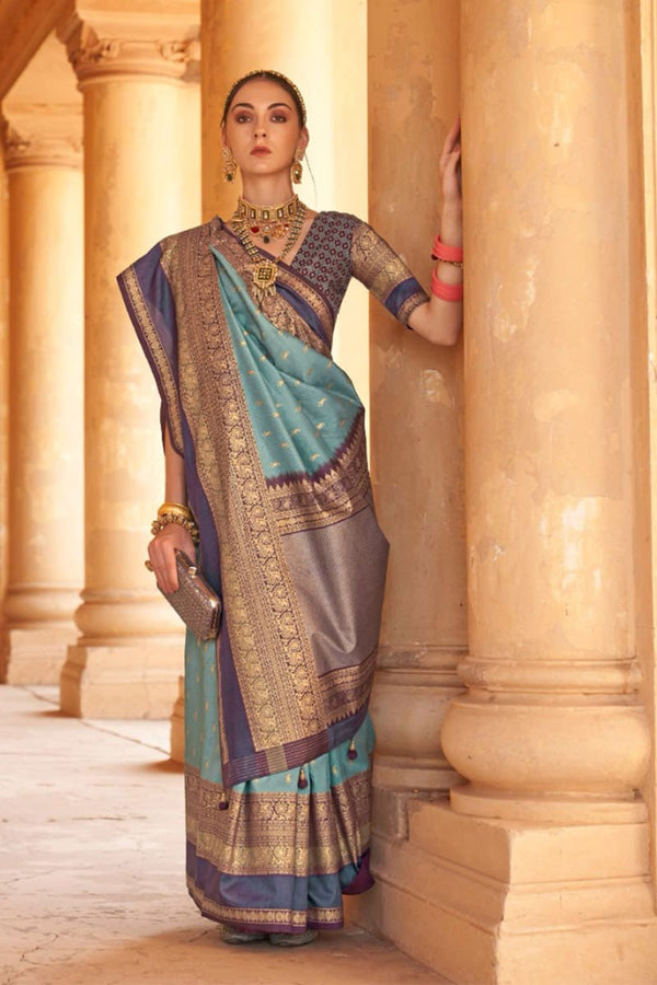 Cyan Blue Elegant Kanjivaram Look Saree Set with Patola Blouse