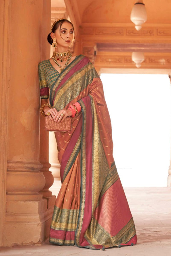 Copper Red and Pink Elegant Kanjivaram Look Saree Set with Patola Blouse