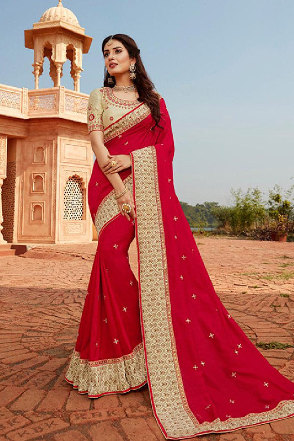 Candy Red Designer Festive Silk Saree with Embroidered Work
