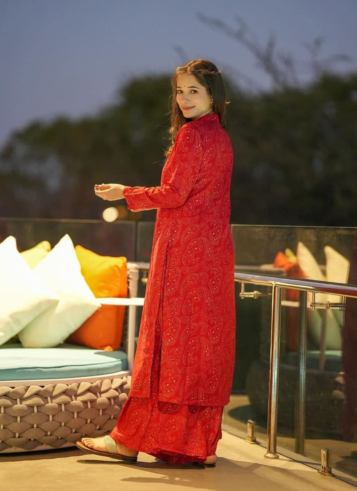 Lassya fashion's Red Elegant Palazzo Suit with Heavy Digital Prints