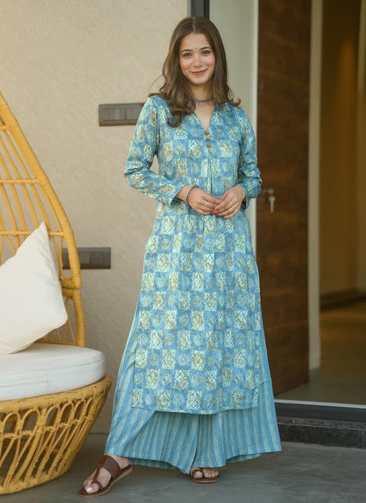 Lassya fashion's Sky Blue Elegant Palazzo Suit with Heavy Digital Prints