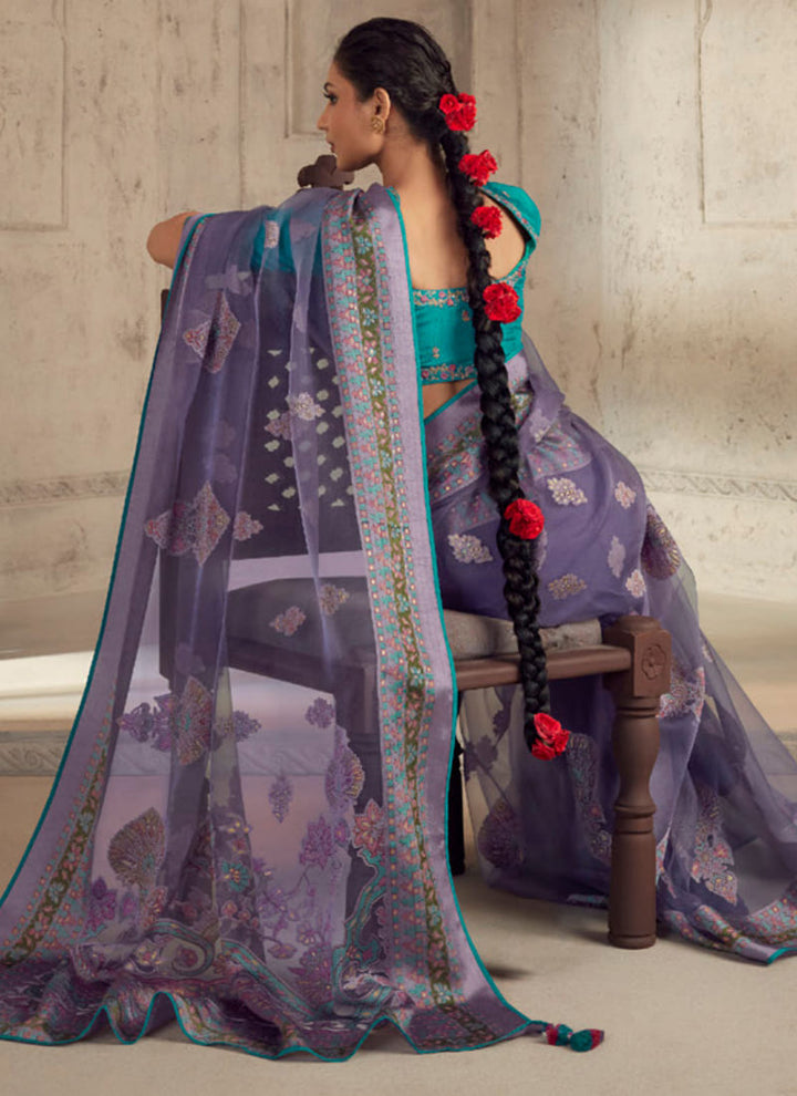 lassya fashion English Violet Printed Brasso Organza Saree with Exquisite Embroidered Blouse