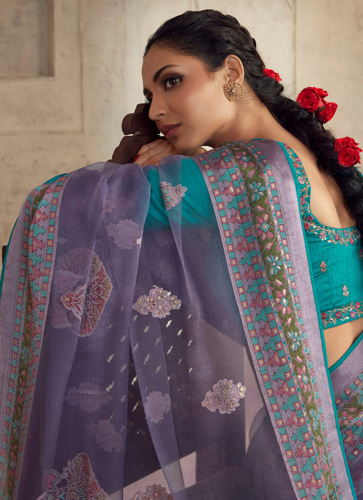 lassya fashion English Violet Printed Brasso Organza Saree with Exquisite Embroidered Blouse