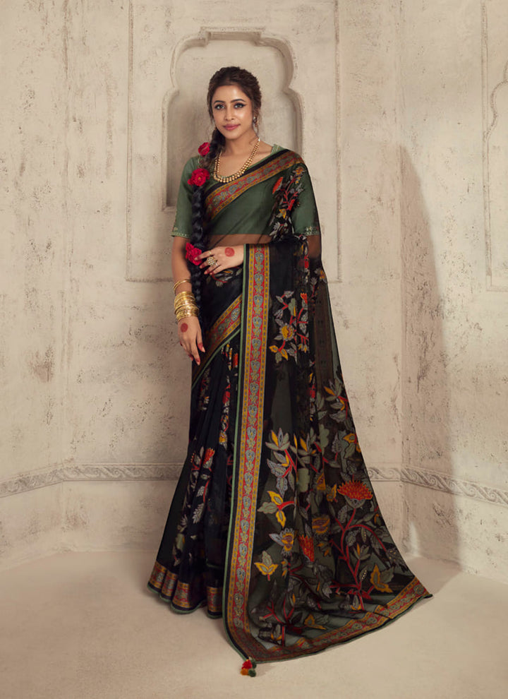 lassya fashion Midnight Black Printed Brasso Organza Saree with Exquisite Embroidered Blouse