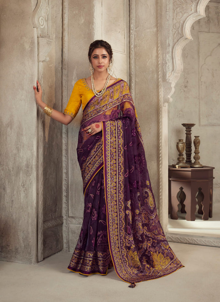 lassya fashion Purple Wine Printed Brasso Organza Saree with Exquisite Embroidered Blouse