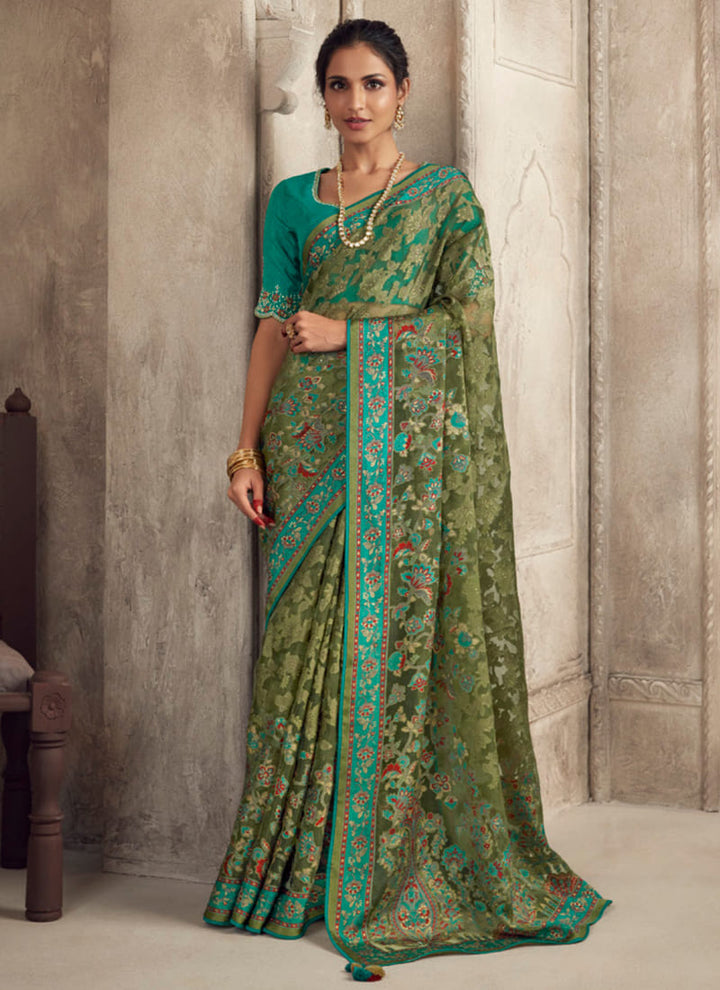 lassya fashion Rama Green Printed Brasso Organza Saree with Exquisite Embroidered Blouse