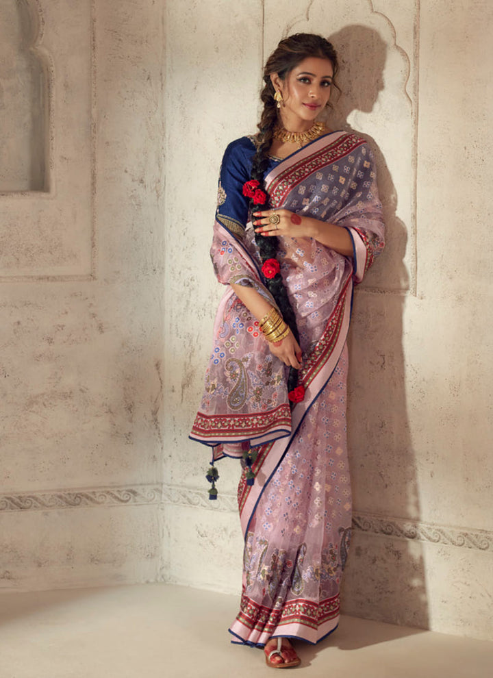lassya fashion Baby Pink Printed Brasso Organza Saree with Exquisite Embroidered Blouse