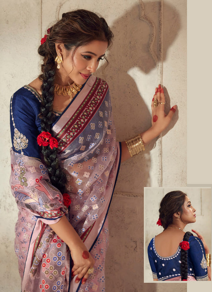 lassya fashion Baby Pink Printed Brasso Organza Saree with Exquisite Embroidered Blouse