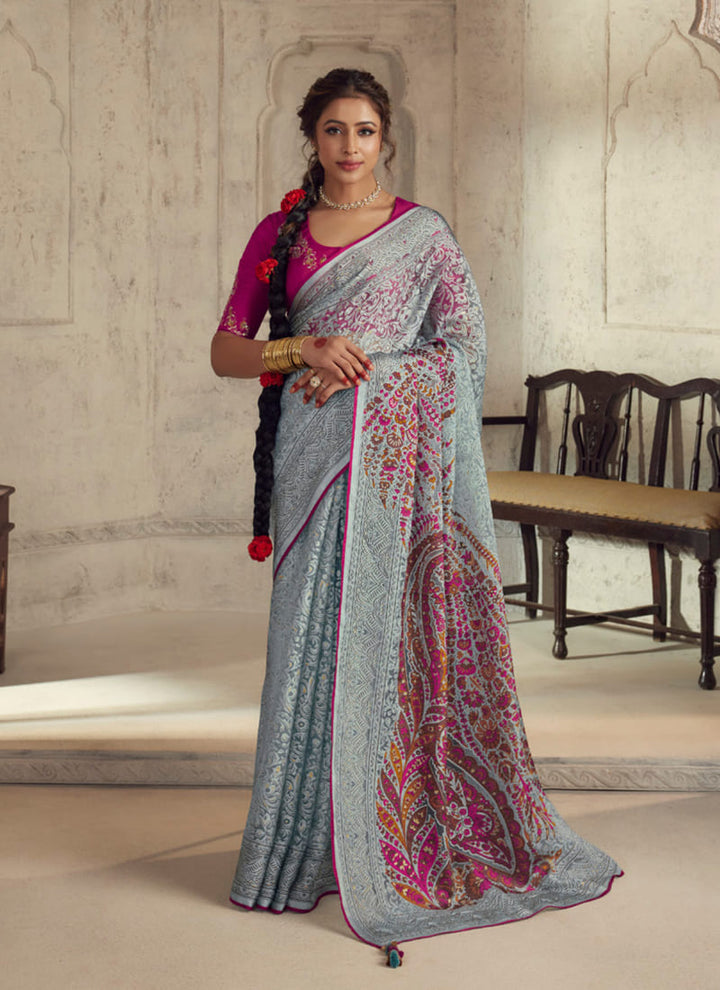 lassya fashion Spanish Grey Printed Brasso Organza Saree with Exquisite Embroidered Blouse