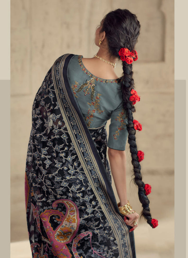 lassya fashion Jade Black Printed Brasso Organza Saree with Exquisite Embroidered Blouse