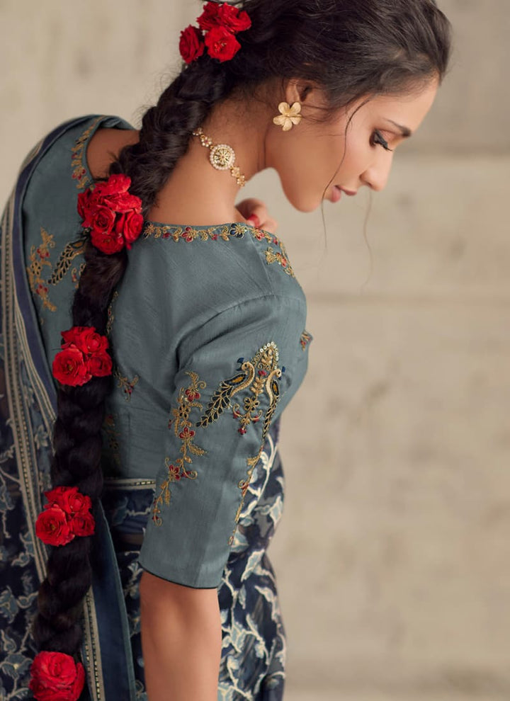 lassya fashion Jade Black Printed Brasso Organza Saree with Exquisite Embroidered Blouse