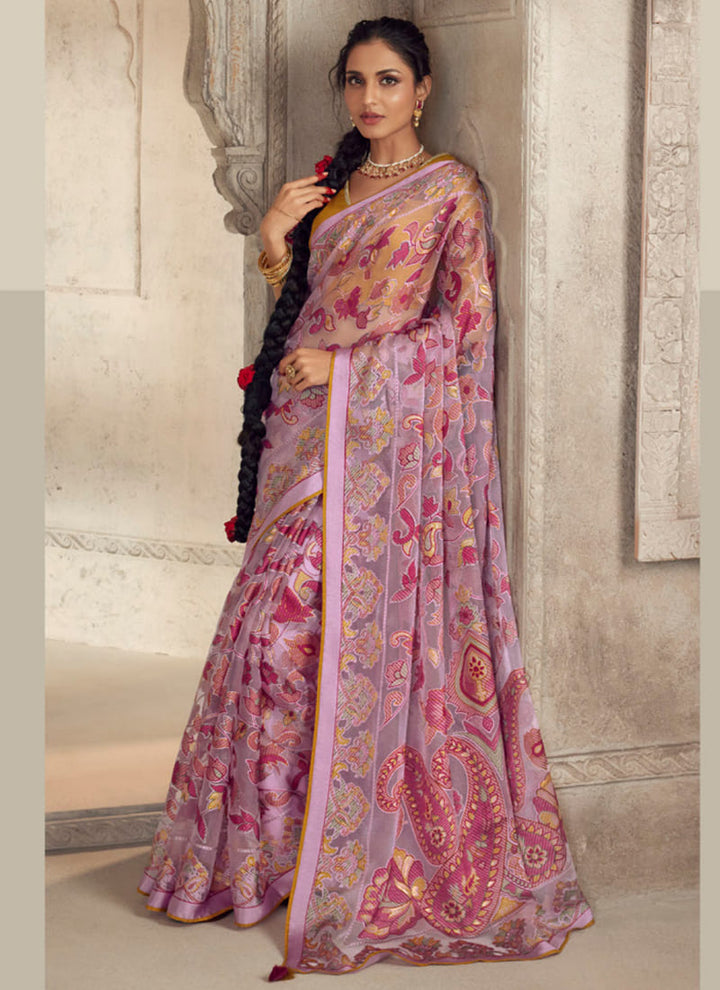 lassya fashion Lilac Pink Printed Brasso Organza Saree with Exquisite Embroidered Blouse