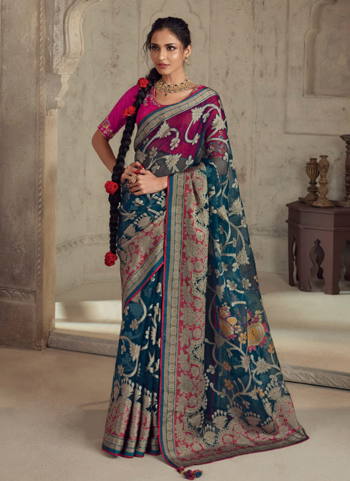 lassya fashion Maastricht Blue Printed Brasso Organza Saree with Exquisite Embroidered Blouse
