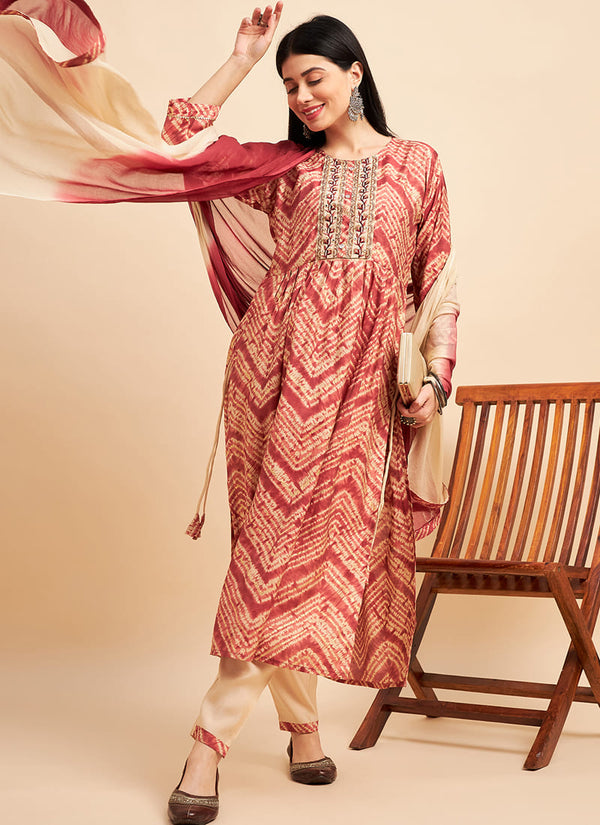 Lassya fashion's Red Printed Festive Wear Chinon Silk Salwar Suit
