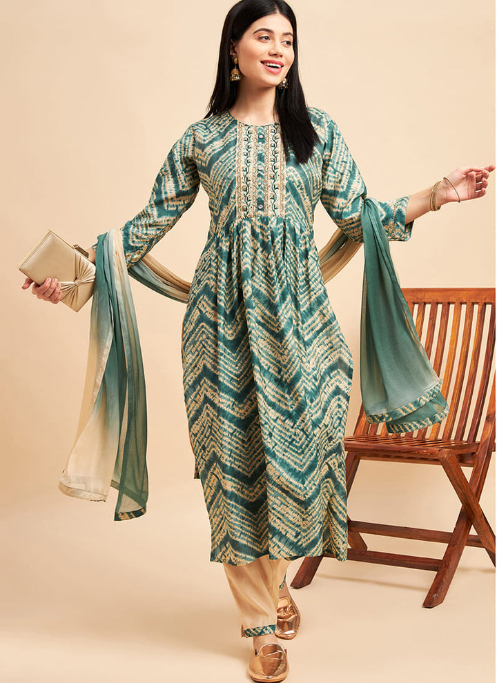 Lassya fashion's Green Printed Festive Wear Chinon Silk Salwar Suit