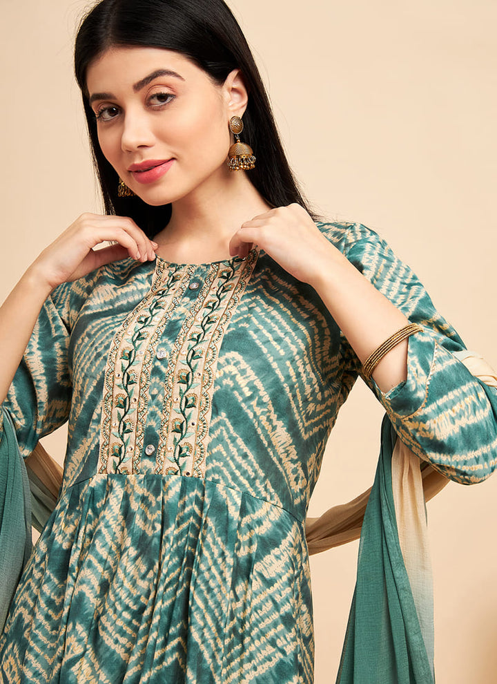 Lassya fashion's Green Printed Festive Wear Chinon Silk Salwar Suit