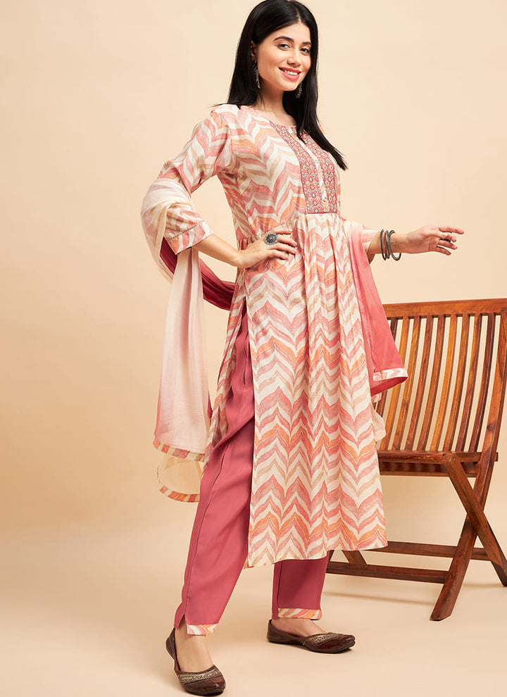 Lassya fashion's Mauve Pink Printed Festive Wear Chinon Silk Salwar Suit
