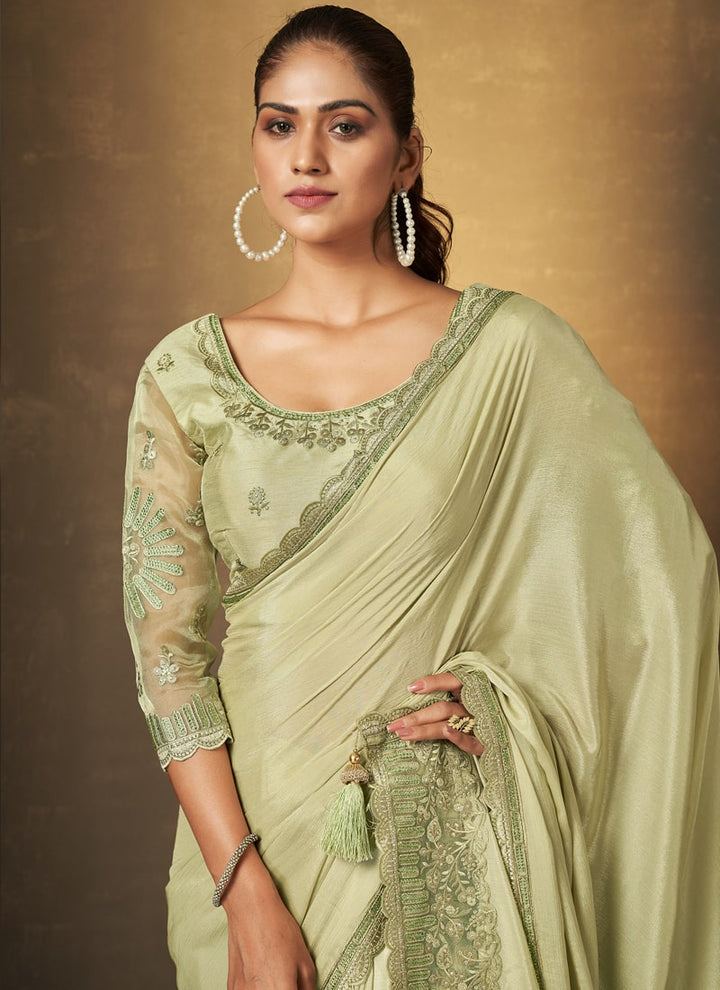 lassya fashion Sage Green Swarovski Embellished Designer Party Wear Saree