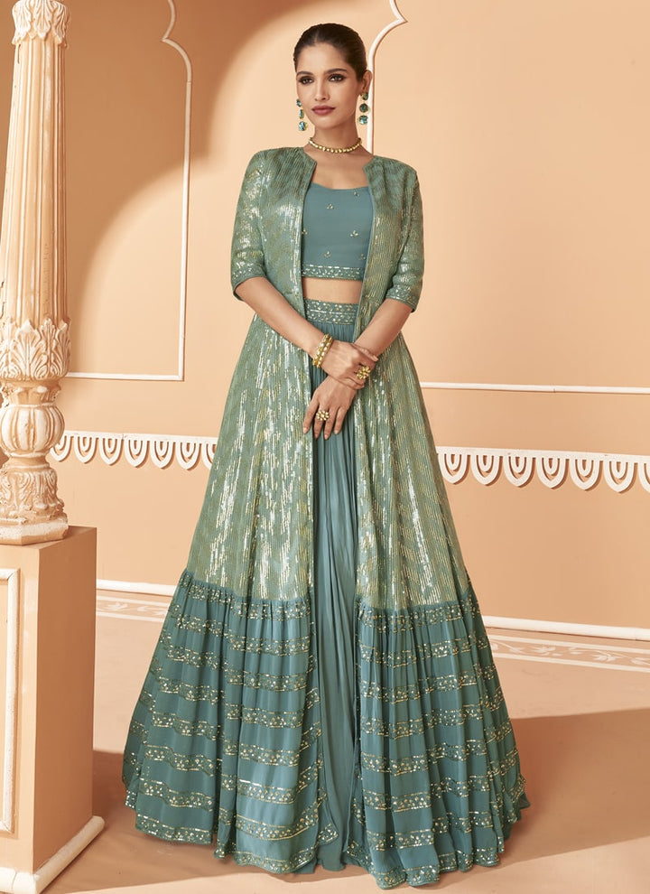 Lassya fashion's Sea Green Embroidered Crop Top with Skirt and Georgette Jacket