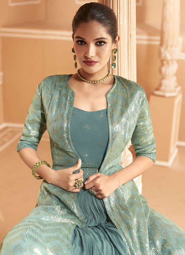 Lassya fashion's Sea Green Embroidered Crop Top with Skirt and Georgette Jacket