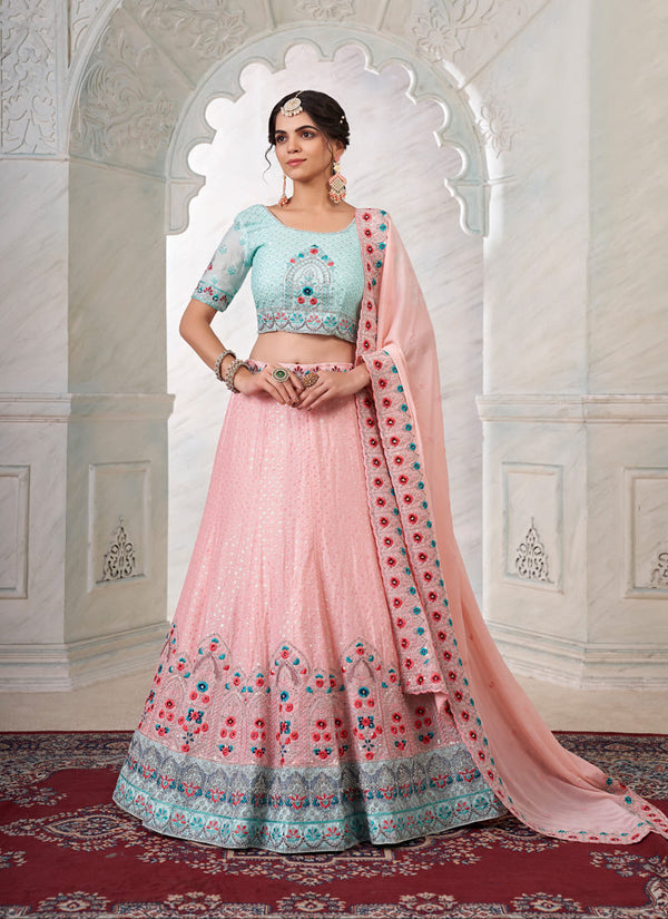 lassya fashion Peach Pink And Sky Blue Designer Georgette Wedding Lehenga Choli