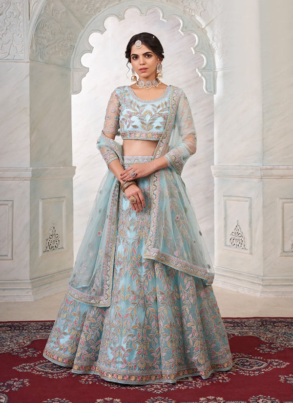 lassya fashion Pale Blue Exquisite Net Wedding Lehenga Choli