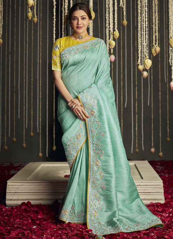 Mint Green Heavy Border Bollywood Style Silk Saree