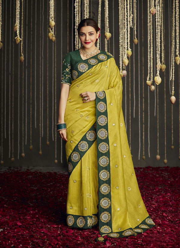 Canary Yellow Heavy Border Bollywood Style Silk Saree