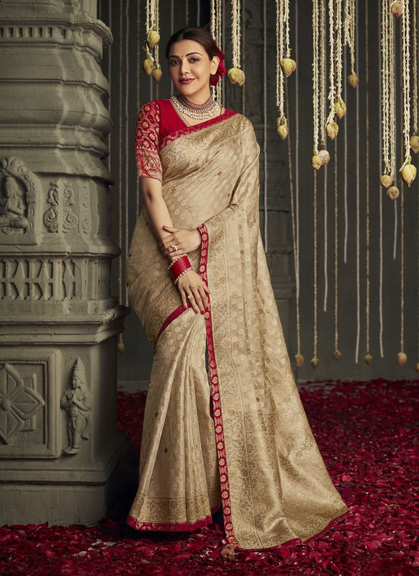Beige Heavy Border Bollywood Style Silk Saree