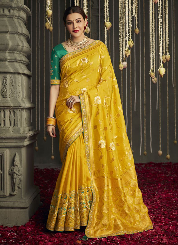 Medallion Yellow Heavy Border Bollywood Style Silk Saree