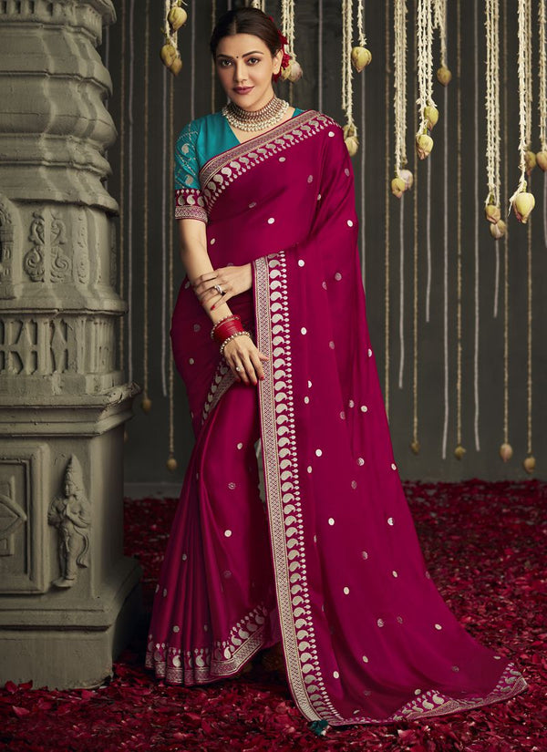 Ruby Pink Heavy Border Bollywood Style Silk Saree