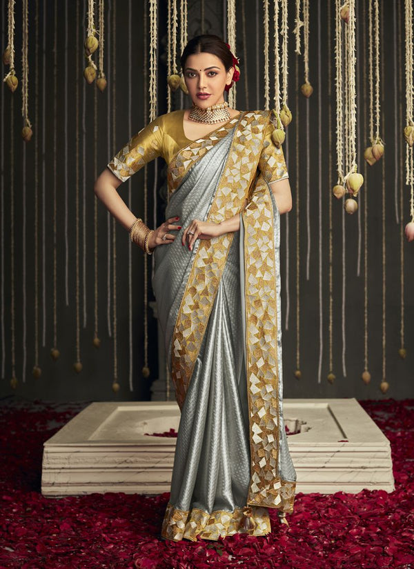 Slate Grey Heavy Border Bollywood Style Silk Saree