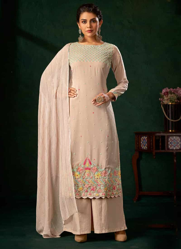 Light Beige Embroidered Palazzo Salwar Suit with Pure Viscose and Georgette Top