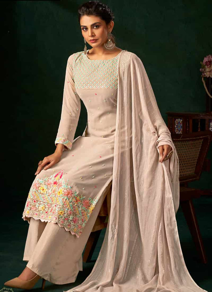 Light Beige Embroidered Palazzo Salwar Suit with Pure Viscose and Georgette Top