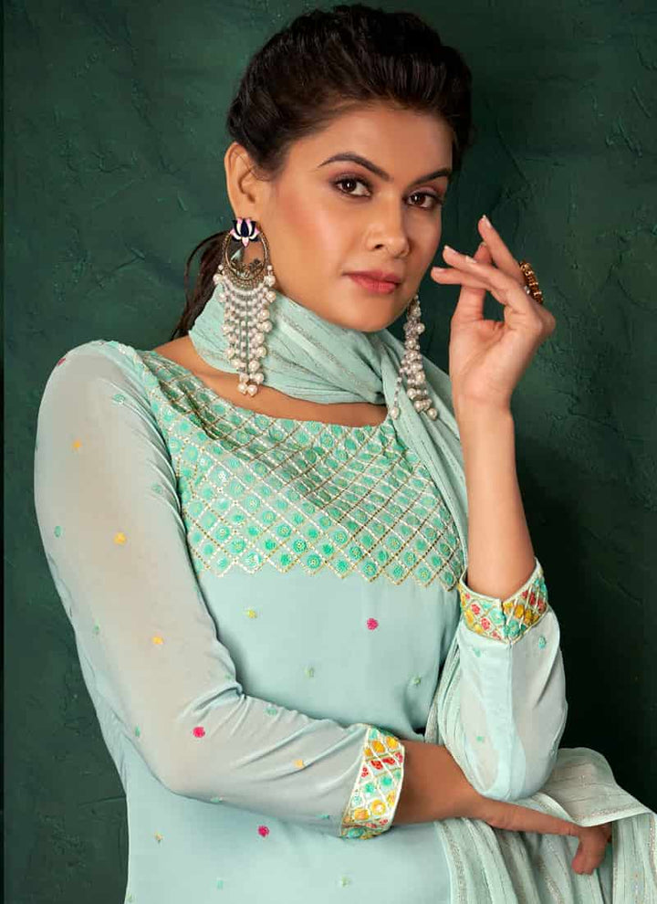 Seafoam Green Embroidered Palazzo Salwar Suit with Pure Viscose and Georgette Top