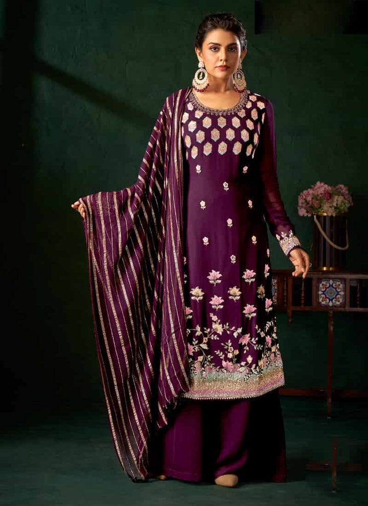 Purple Wine Viscose and Georgette Palazzo Suit with Elegant Embroidery