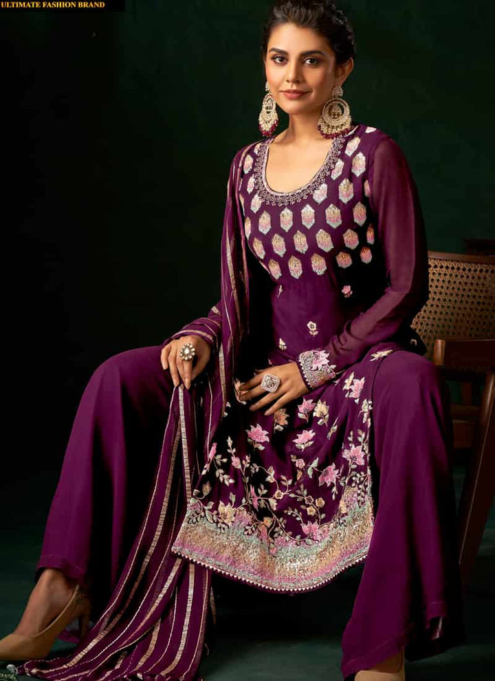 Purple Wine Viscose and Georgette Palazzo Suit with Elegant Embroidery
