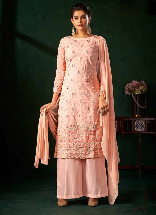 Pale Peach Stylish Embroidered Palazzo Salwar Suit in Viscose and Georgette