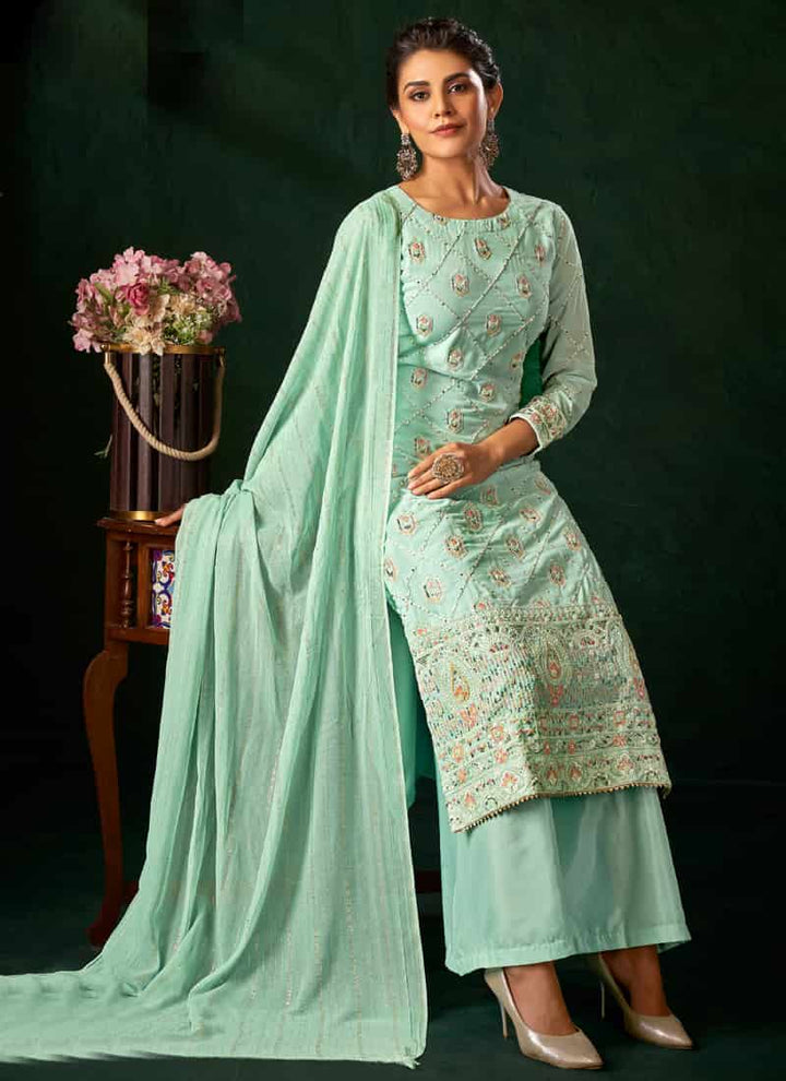 Sage Green Stylish Embroidered Palazzo Salwar Suit in Viscose and Georgette