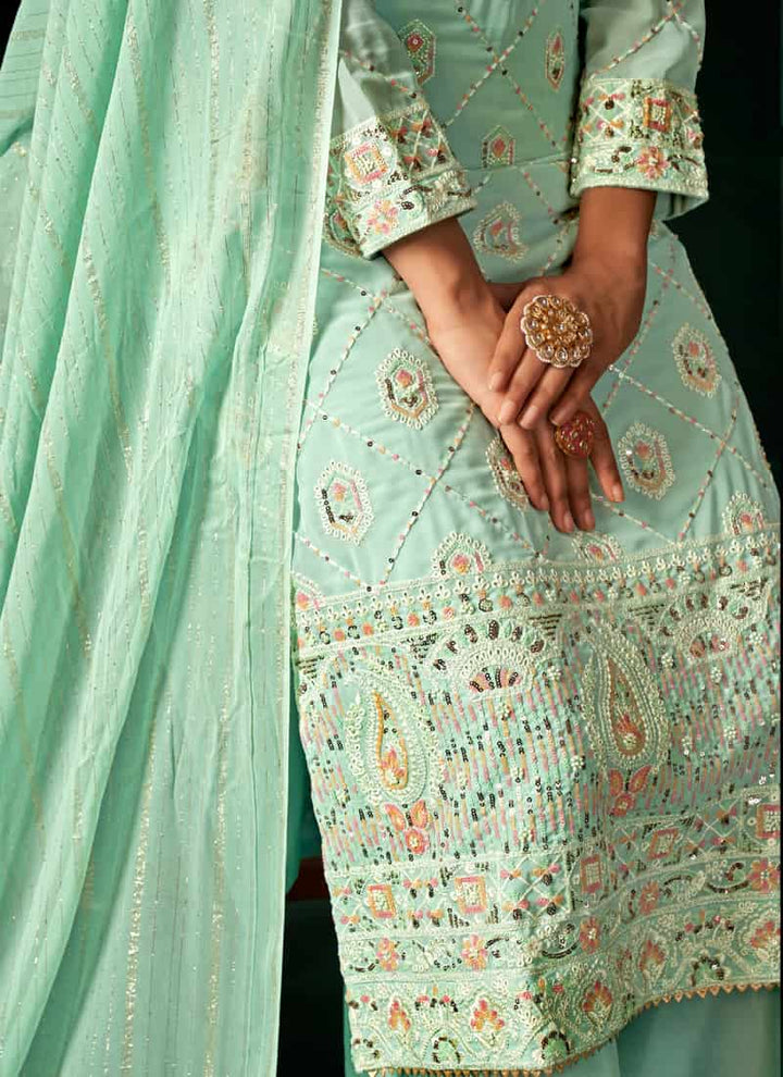 Sage Green Stylish Embroidered Palazzo Salwar Suit in Viscose and Georgette