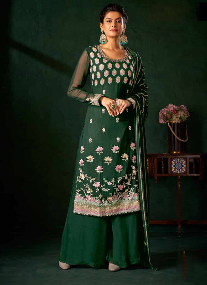 Dark Green Viscose and Georgette Palazzo Suit with Elegant Embroidery