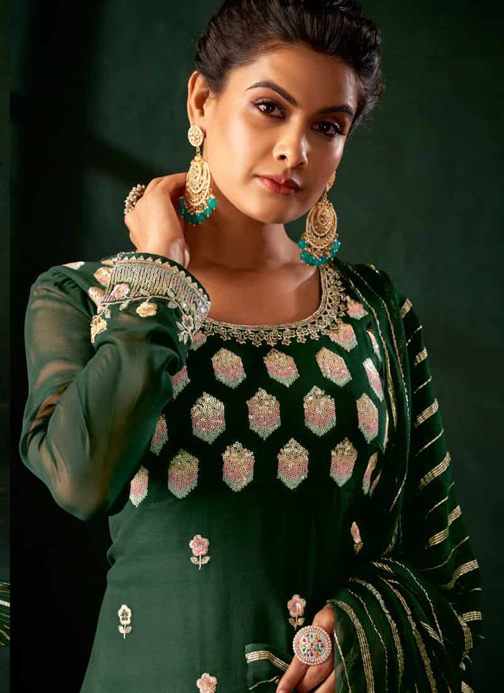 Dark Green Viscose and Georgette Palazzo Suit with Elegant Embroidery