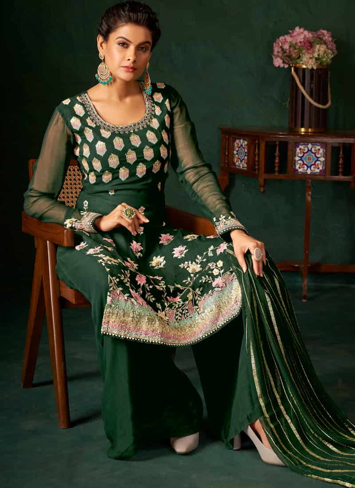 Dark Green Viscose and Georgette Palazzo Suit with Elegant Embroidery