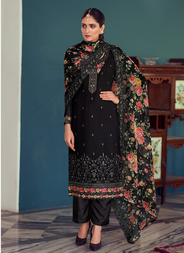 Midnight Black Printed Straight Salwar Suit in Georgette with Embroidery Work