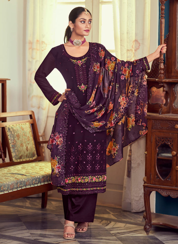 Purple Printed Straight Salwar Suit in Georgette with Embroidery Work