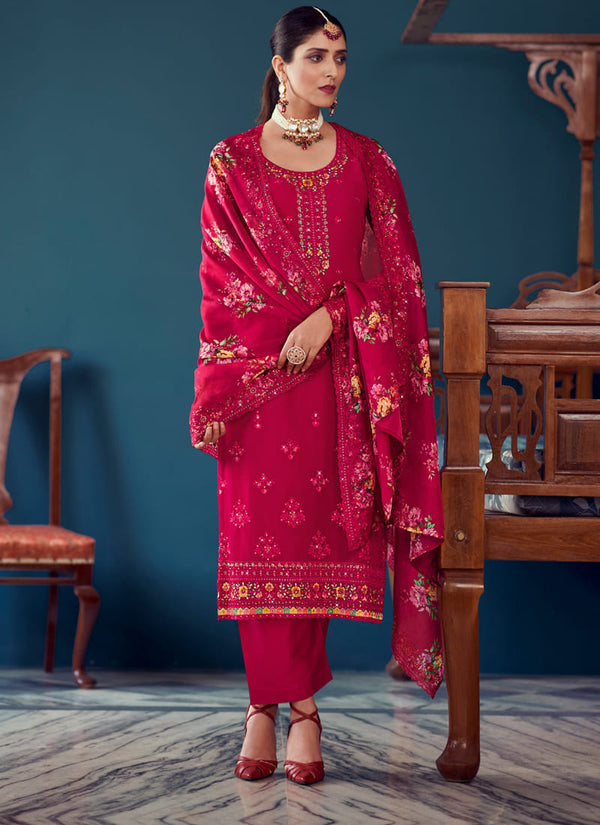 Magenta Pink Printed Straight Salwar Suit in Georgette with Embroidery Work