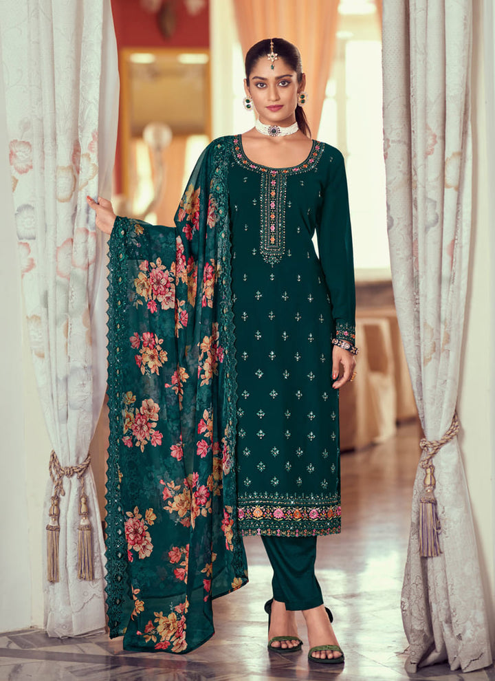 Pine Green Printed Straight Salwar Suit in Georgette with Embroidery Work